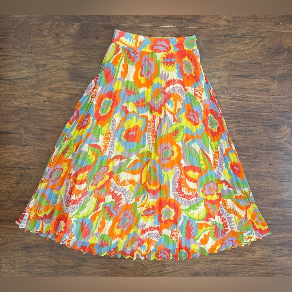 Sezane Dilo Jupe 70s Floral Pleated Midi Skirt Bright Artsy Boho Sz FR 36 US SM